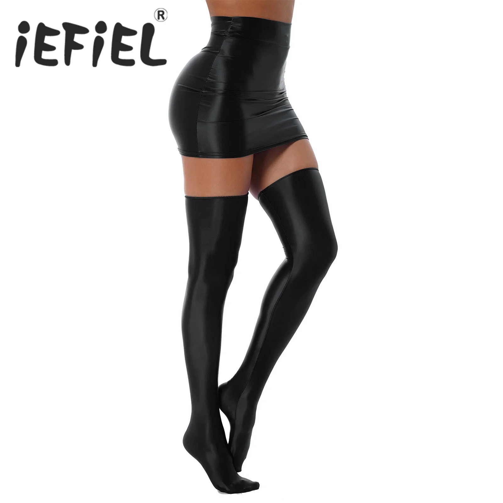 Women Sexy Mini Skirts Patent Leather Bodycon Pencil Skirt Nightclub Party Performance Costumes Micro Miniskirt with Stockings