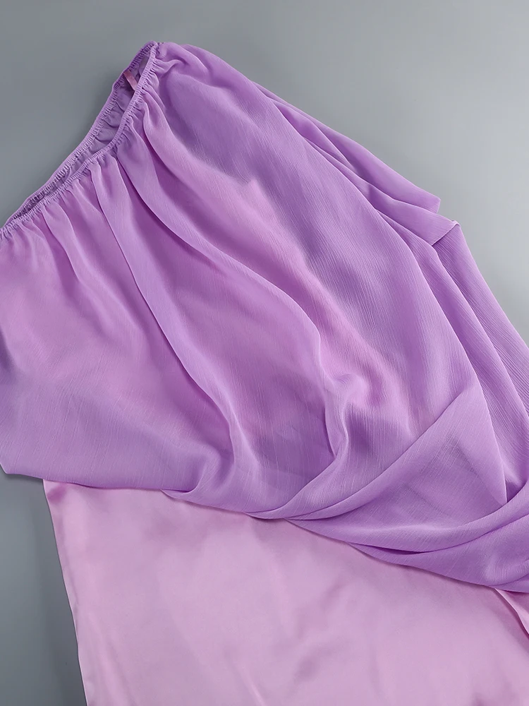 VC Women One Shoulder Chiffon Maxi Dress Elegant Gradient Pink Purple Dress Draped Pleated Satin Patchwork Bodycon Long Gown view 6