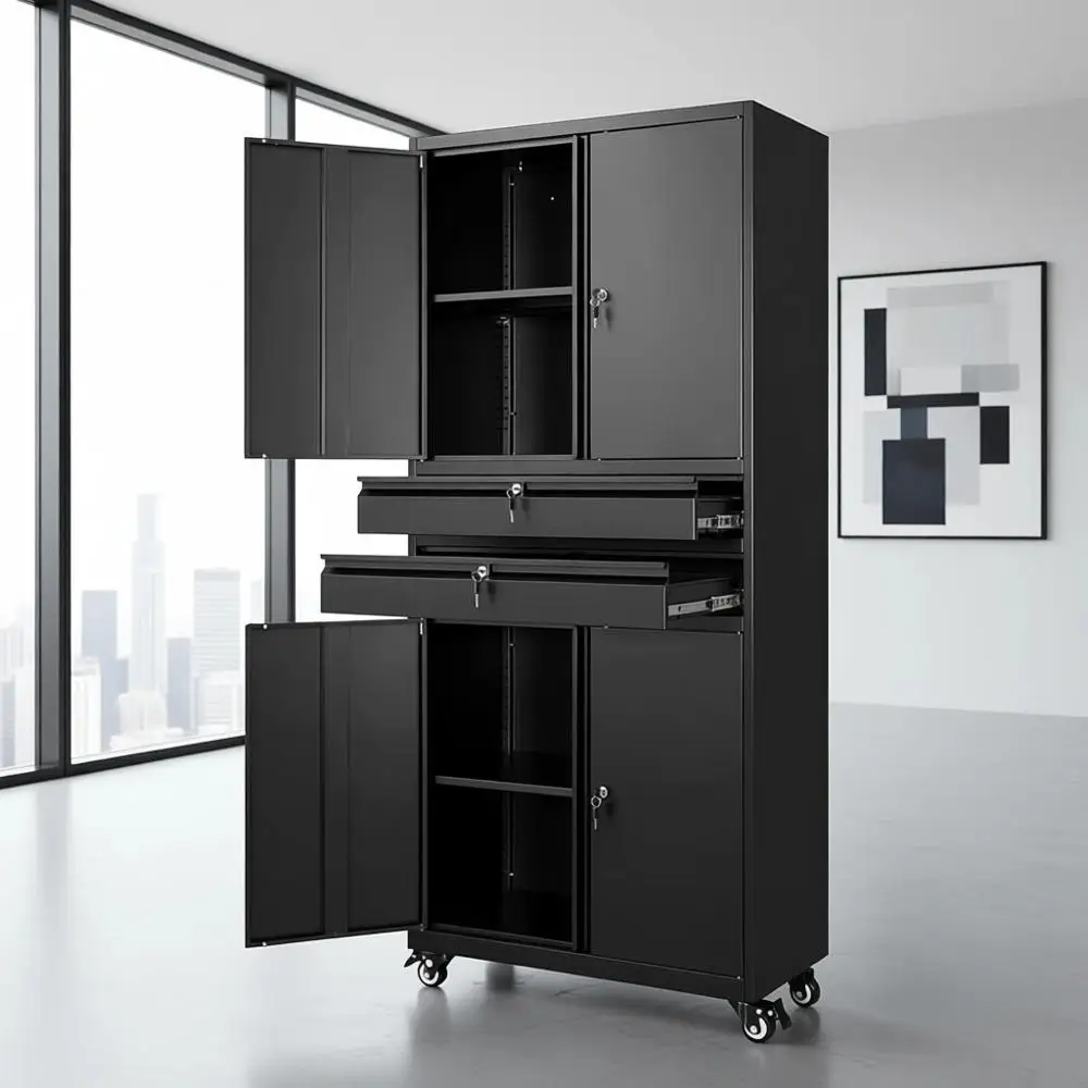 

74 Tall Rolling Tool Cabinet with Lockable Doors and Adjustable Shelves for Garage and Warehouse Storage