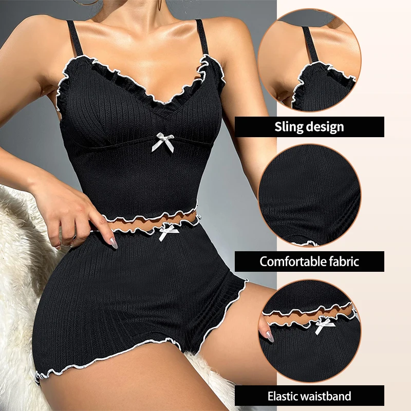السيدات الصيف قطعتين مضلع النسيج الأسود الخامس الرقبة بروتيل المحاصيل الأعلى والسراويل مثير عارضة بيجامة مجموعة #6
