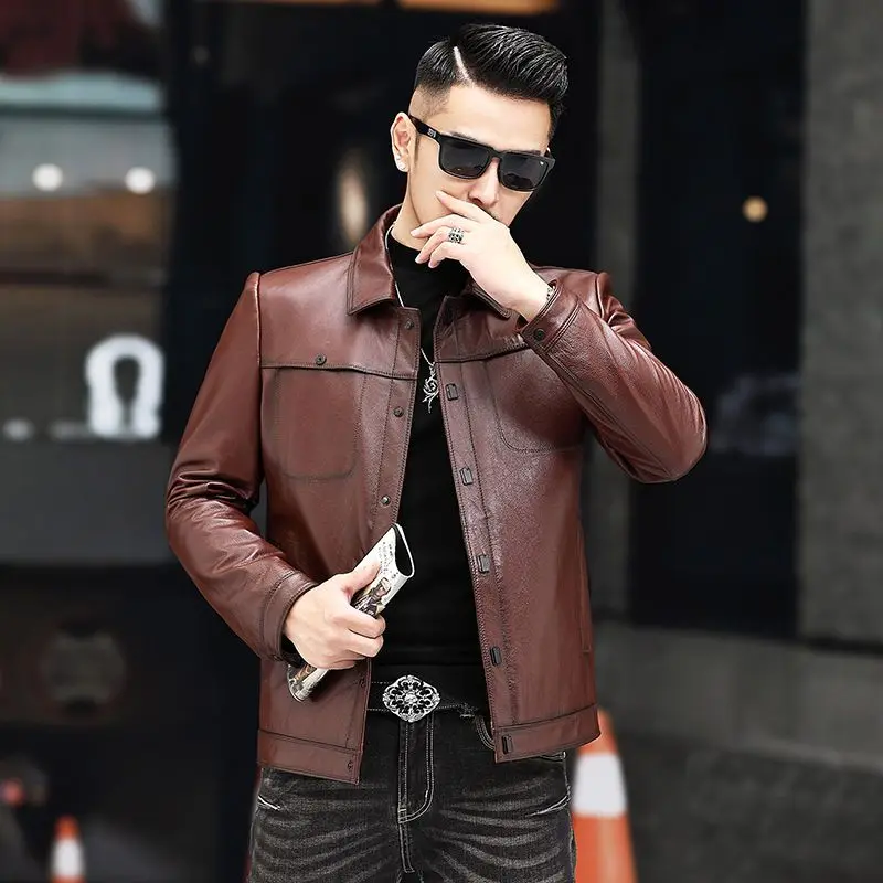 

Men 2022 Spring Autumn New Genuine Cowhide Jackets Male Lapel Real Cow Leather Outerwear Men's Short Motorcycle Casual Coats N87