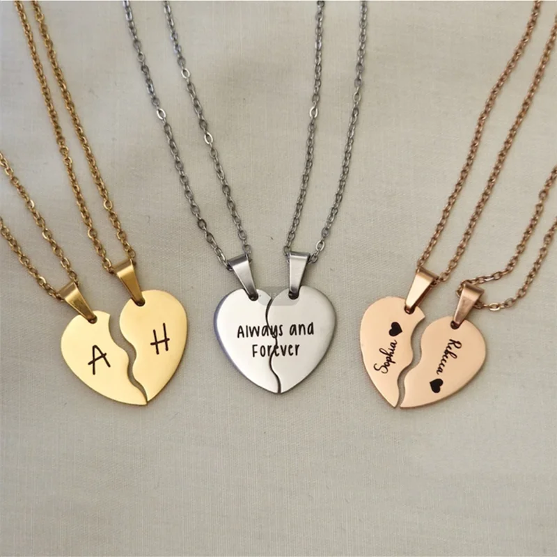 1 Pair Personalised Best Friend Heart Carved Couple Necklace Custom Engrave Necklace Jewelry For Her Bridesmaid Birthday Gift