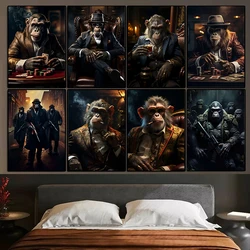 Funny Smoking Monkey Chimpanzee in Suit Gorilla Gangsters Art Poster Prints Canvas Painting Wall Picture Living Room Home Decor