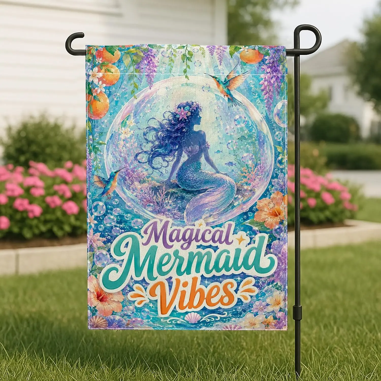 Mermaid Garden Flag, Fantasy Fanciful Bubbles Flowers Summer Blue Burlap Double Sided Decorative Outside Flags for Outdoor F yyi