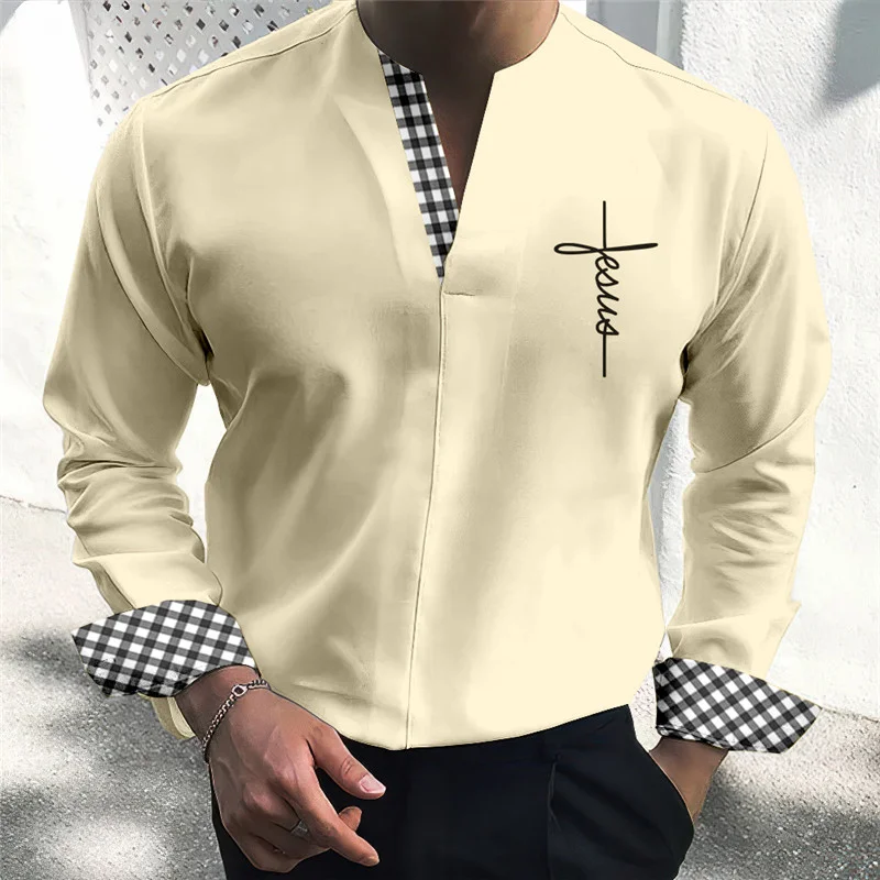 New Fashion V-Neck Solid Shirts Men Shirt Smart Casual Clothes Spring Summer Long Sleeve Tees Tops Men Loose Pullover Streetwear