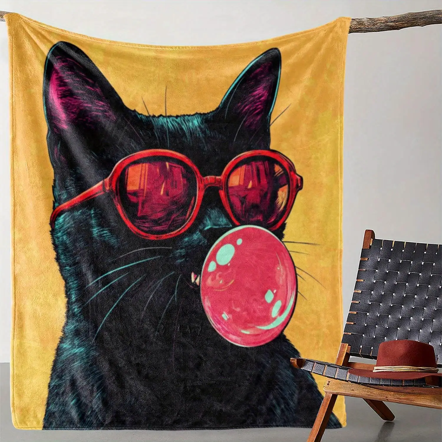 1 manta de franela con estampado de chicle y gafas y gato Retro Vintage de los años 80, poliéster suave y pesado, negro