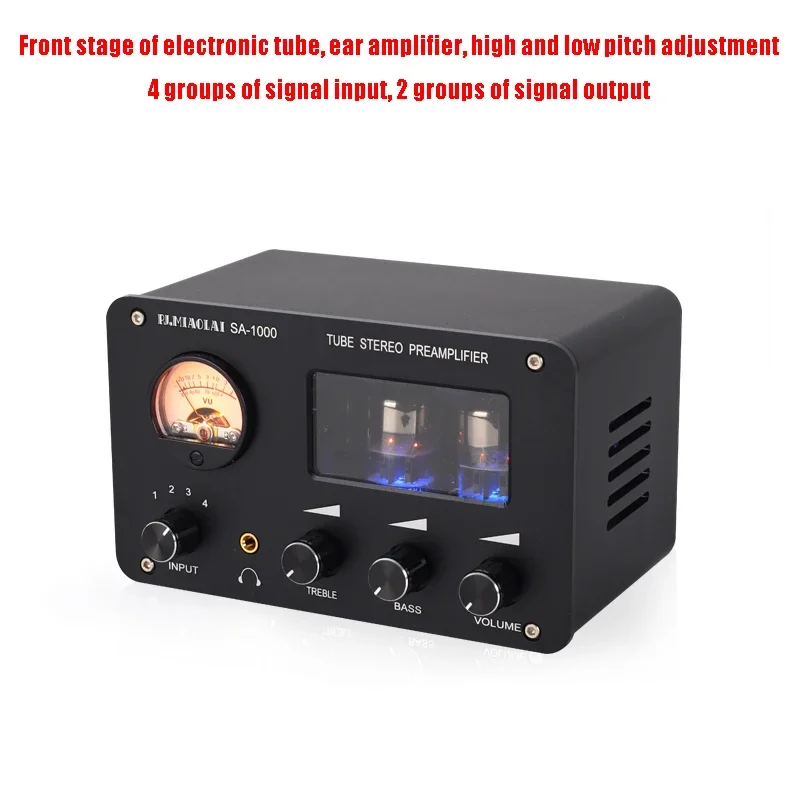 Audiophile Tube Preamp 4-input 2-output HIFI Preamp with Built-in VU Level Meter High-bass Adjustment Headphone Amplifier