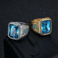New Vintage Men's Stainless Steel Light Luxury Large Blue Zircon Ring Wedding Jewelry Size 7-13