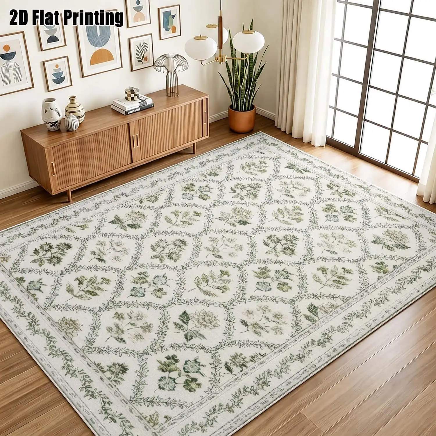 1Pc 2D Printed Velvet Carpet with Green Plant Patterns, Nordic/Instagram/Modern Minimalist/Vintage Style, Multi-Size Machine Washable Home Decor Floor Mats for Entryway, Dining Room, Foyer, Living Room, Bedroom, Study