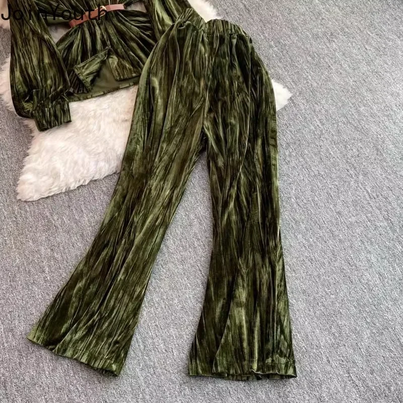 Velvet Two Piece Sets Women\'s Clothing Long Sleeve Slim Waist Blouse High Waist Wide Leg Pants Outfits Vintage Temperament Suit