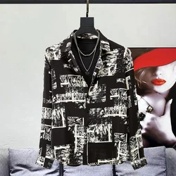 Men Clothing Korean Fashion Print High Street Button Up Shirt Spring Autumn Handsome Casual Lapel Long Sleeve Loose Tops Camisas