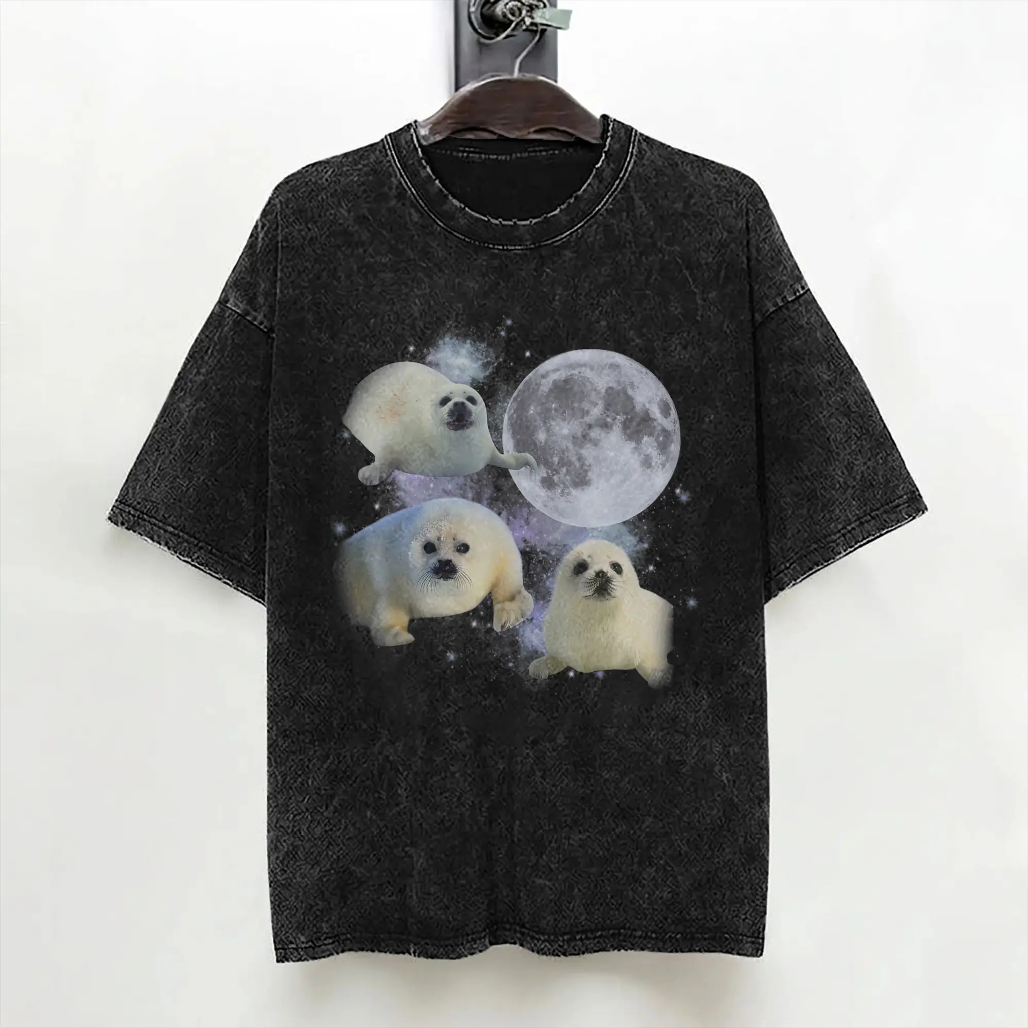 Three Baby Seal T Shirts Washed Short Sleeve Harajuku T-Shirts  Vintage for Men Women Streetwear Graphic Tee Shirt