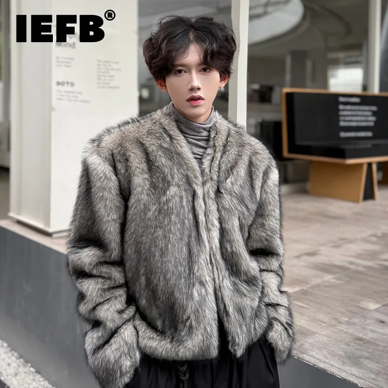 IEFB Solid Color Men's Faux Fur Jackets V-neck 2024 Autumn Trend Fashionable Male Thickened Simple Winter Menswear Korean 9C8799