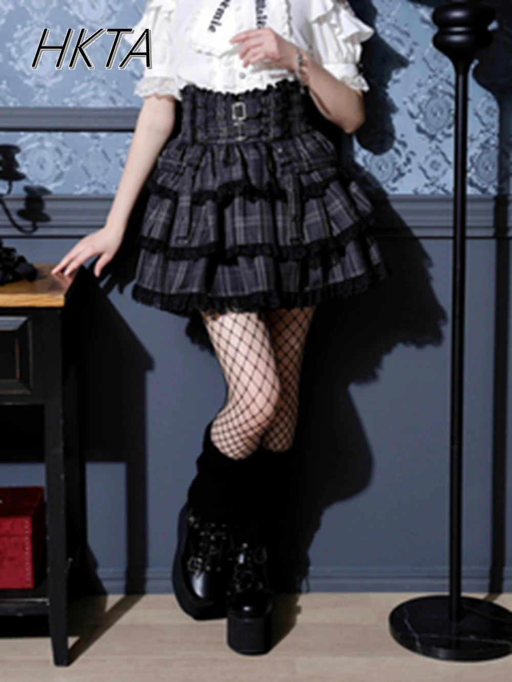 

Japanese Harajuku Cascading Ruffle Edge Pleated Skirt Summer Lace Metal Ring Double Buckle Elastic Waist Plaid Skirt Culottes