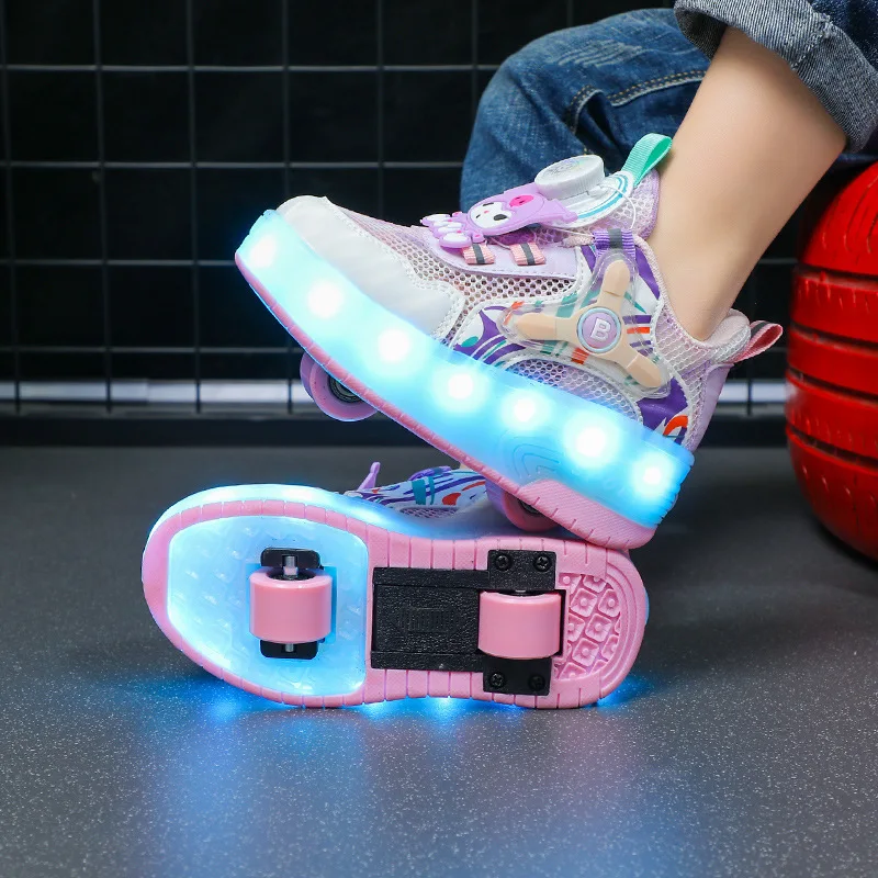 Fashion Two Wheels LED Children Roller Shoes Swivel Button Kids Skates Air Mesh Girls & Boys And Women Sneakers Size 29-40