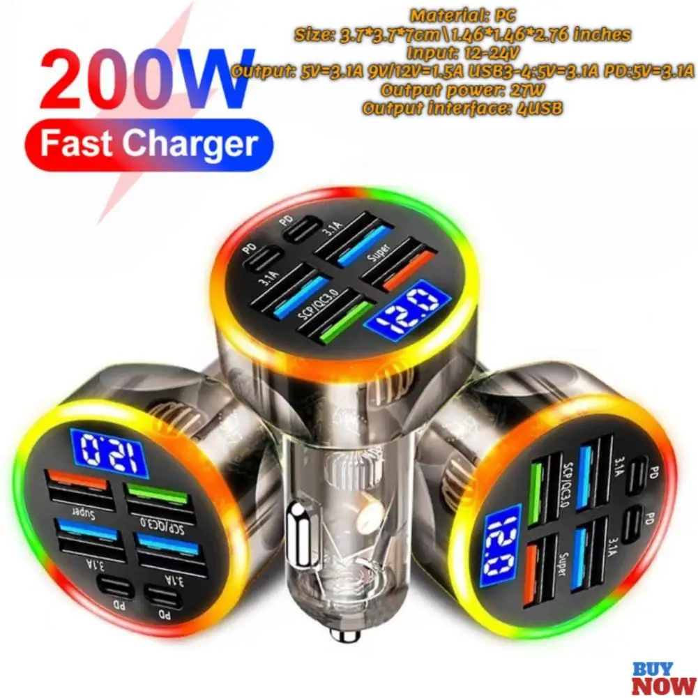 200W Car Charger 6 Ports With Digital Display Super Fast Charging PD QC3.0 USB Quick Charging Adapter For IPhone 