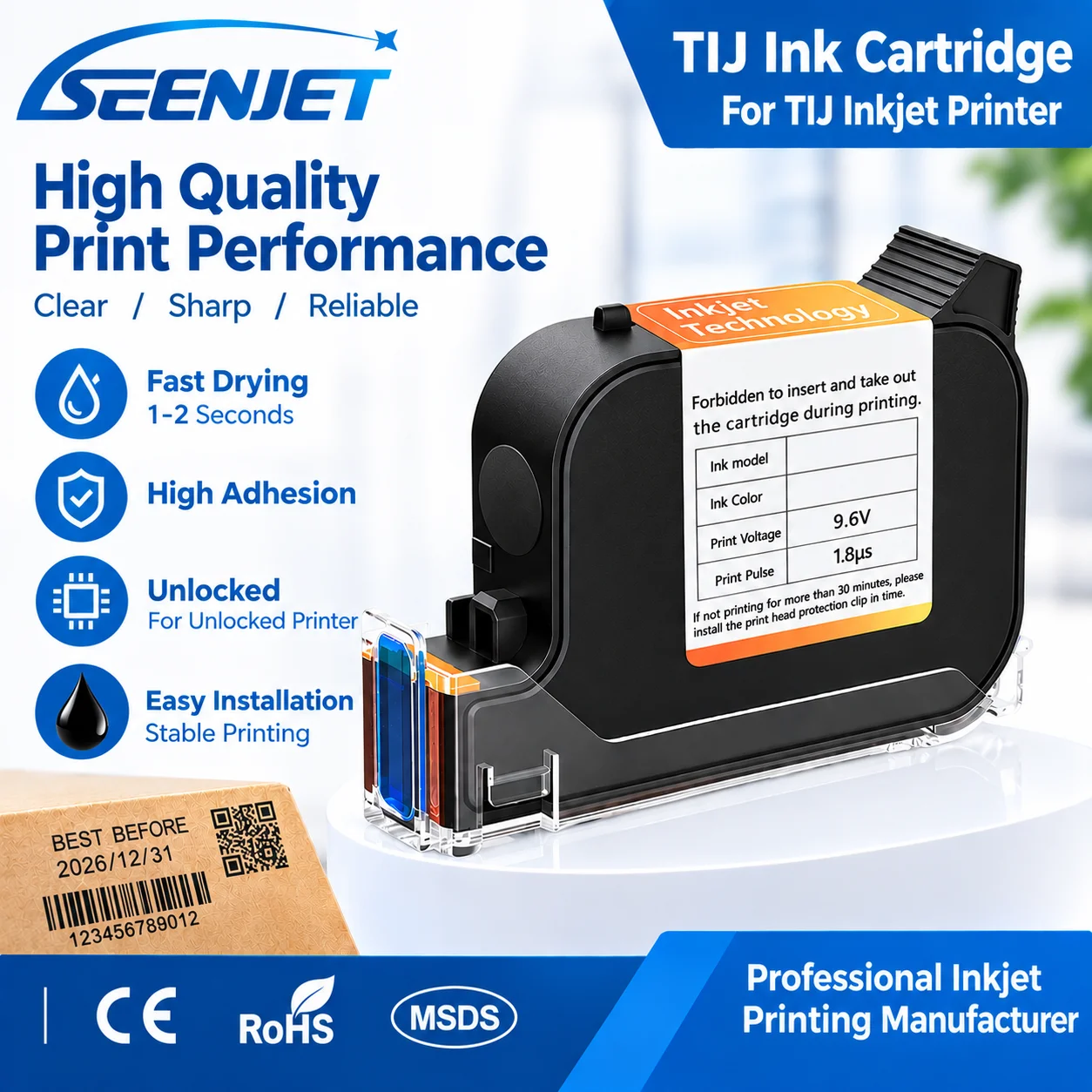 Fast Dry Cartridge 0.5 inch Black Solvent Oil Based Ink for Unlocked Unencrypted TIJ Inkjet Printer