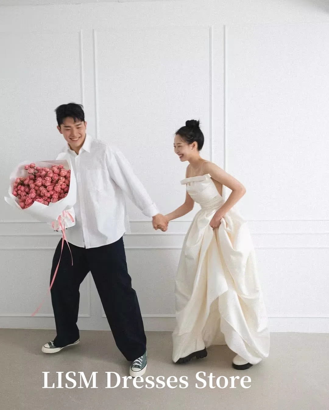

LISM Sweet A-Line Korea Wedding Dresses Photo Shoot Soft Satin Strapless Floor Length Bridal Gowns웨딩드레스Customized Corsets