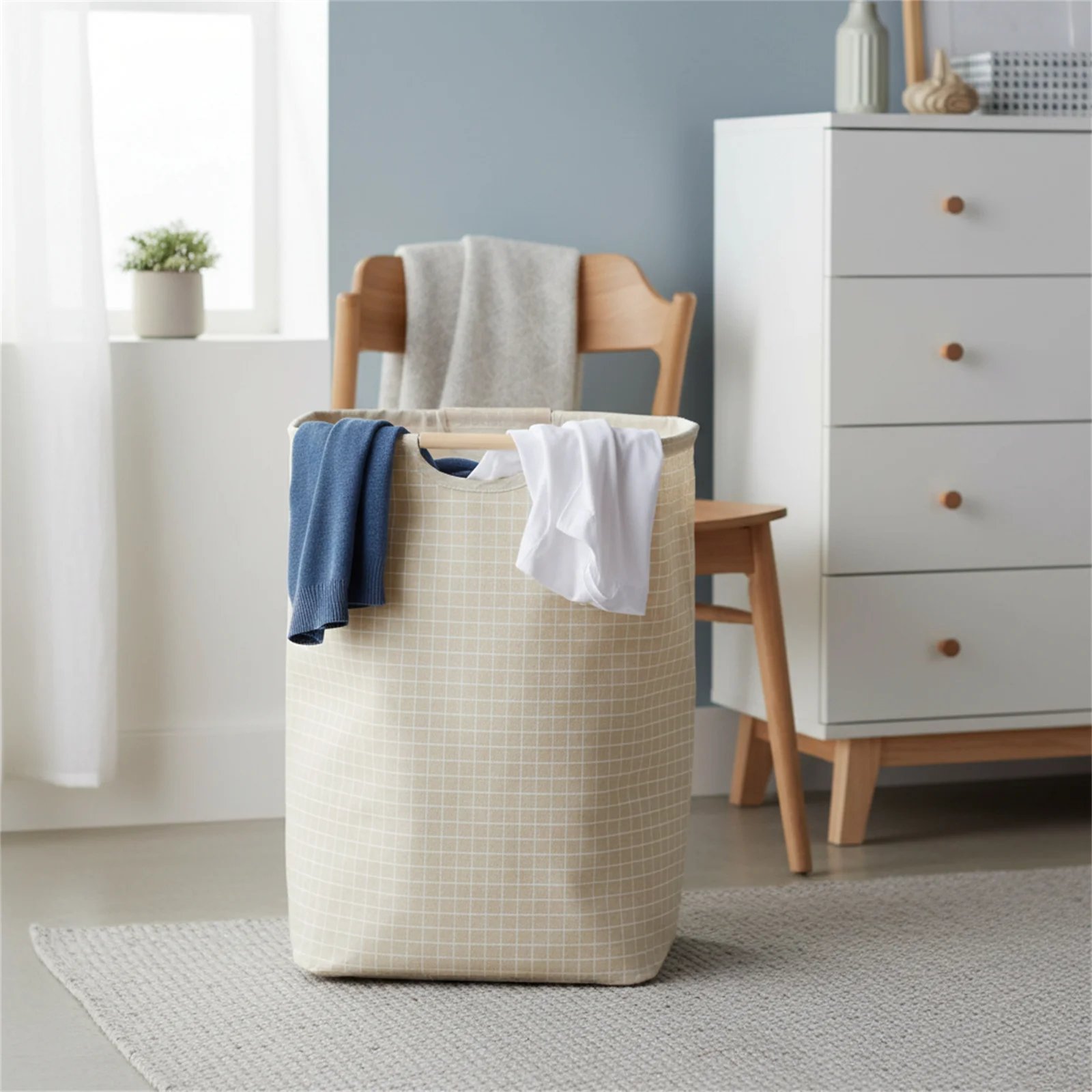 折りたたみ式コットンリネンランドリーバスケット、木製ハンドル付き、防水収納ハンパー、家庭用寝室、浴室用