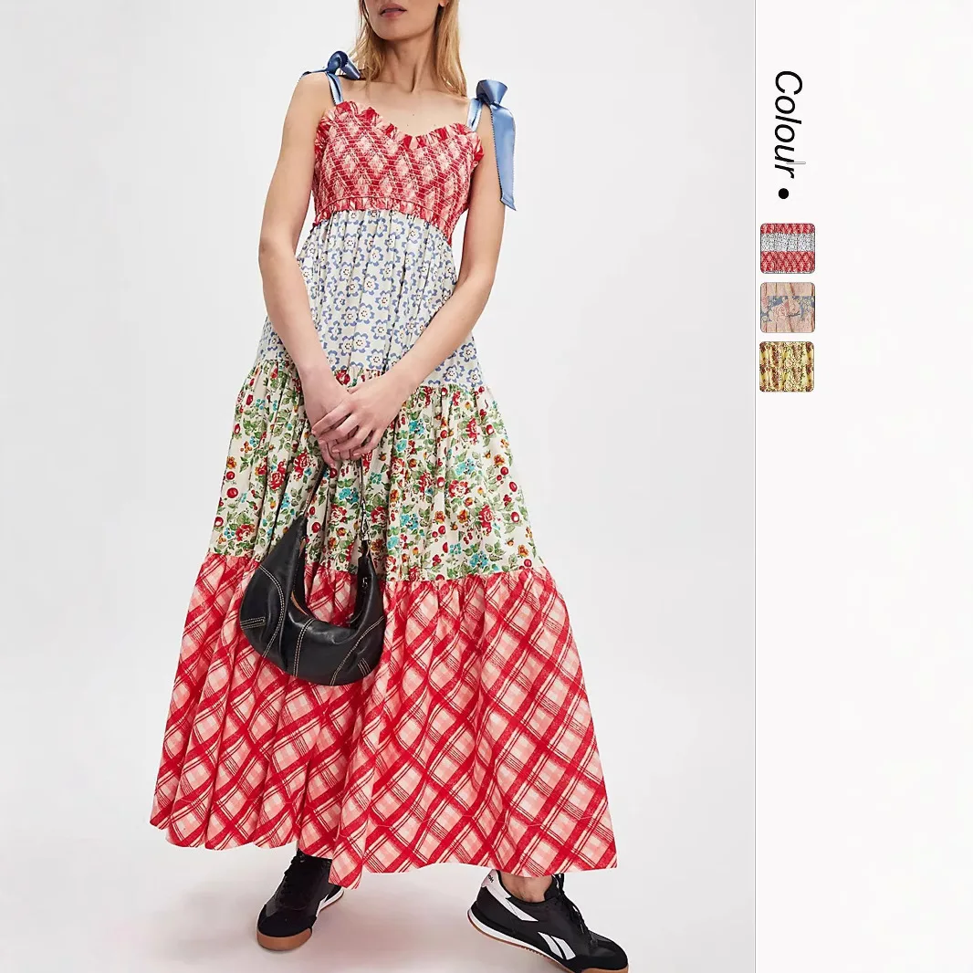 

New Slim French Women's Printed Vest Dress For Summer Sleeveless Lace-up Off-shoulder Bohemian Dress Y2K Floral Beach Sundress