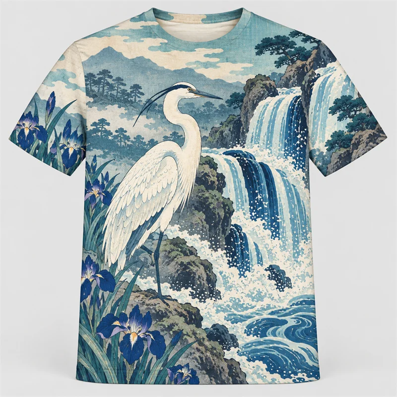 Japanese Ukiyo-e T Shirt Men Tiger Crane Phoenix Fuji Landscape Graphic Short Sleeve Vintage Art Streetwear Casual Fashion Top