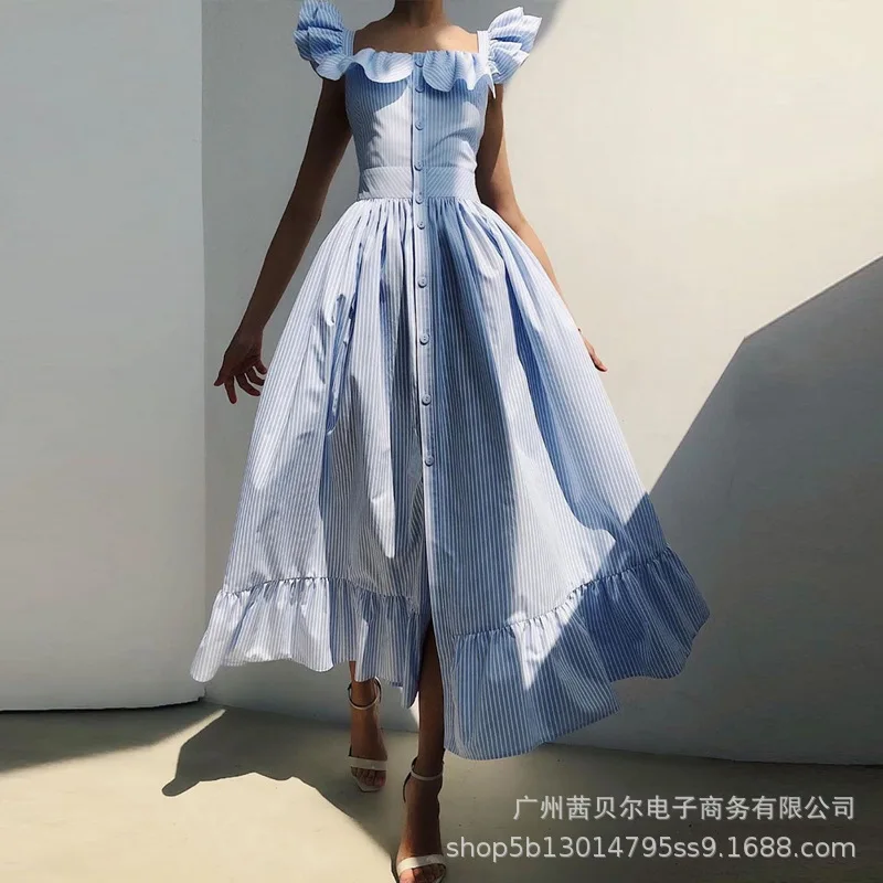 

Полосатое платье, женские повседневные платья макси, однобортные, с открытой спиной, с узкой талией, лето 2022, трапециевидной формы, офисные женские платья с оборками, Vestidos