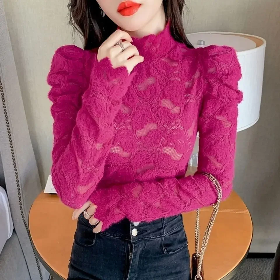 Spring New French Round Neck Slimming Lace Ruffles Spliced Shirt Long Sleeve Elegant Bottoming Blouse Top Women T329