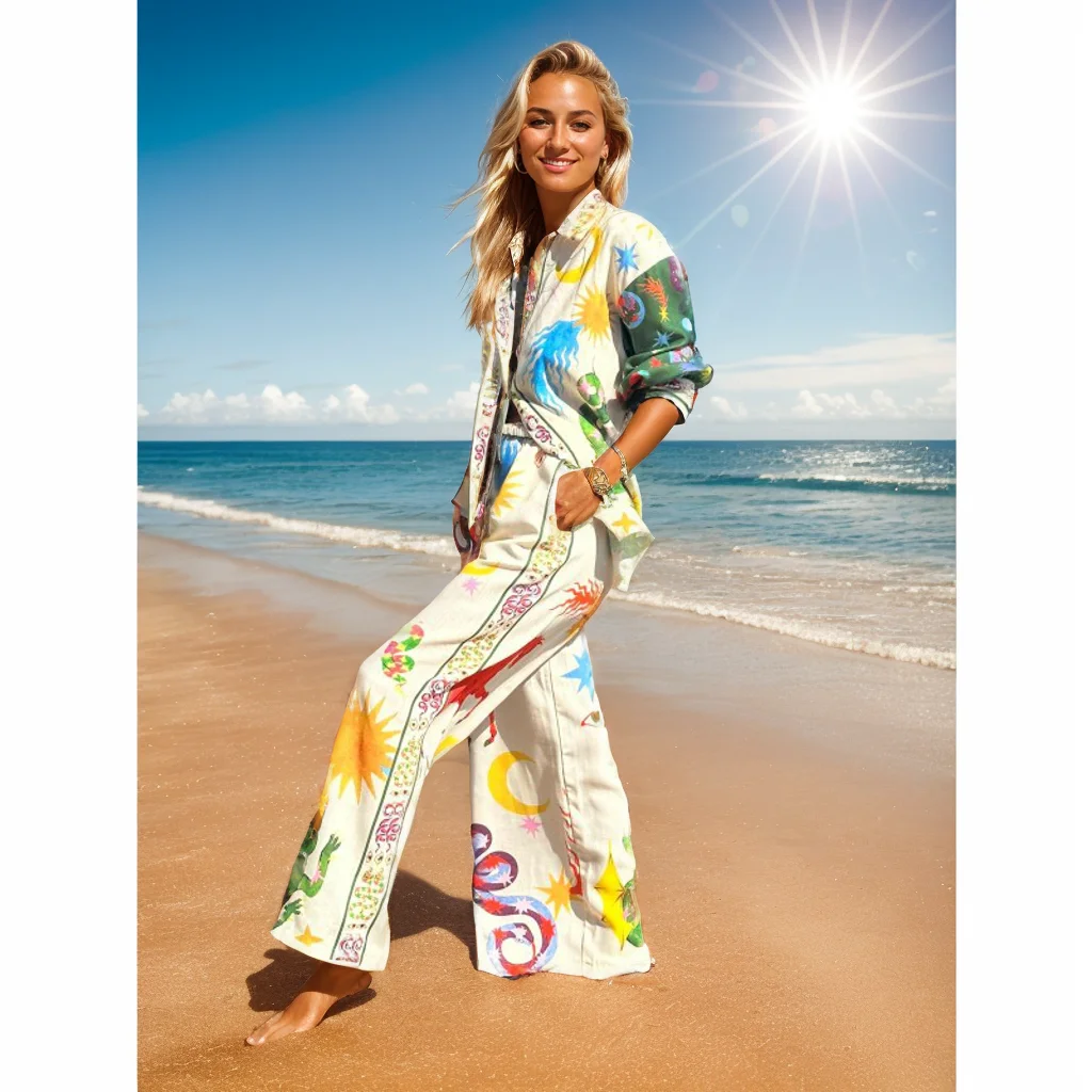 Vakantie Losse Print 2 Stuks Broek Set Dames Revers Lange Mouw Blouse Wijde Pijpen Broek Pak 2024 Zomer Strandvakantie Outfits