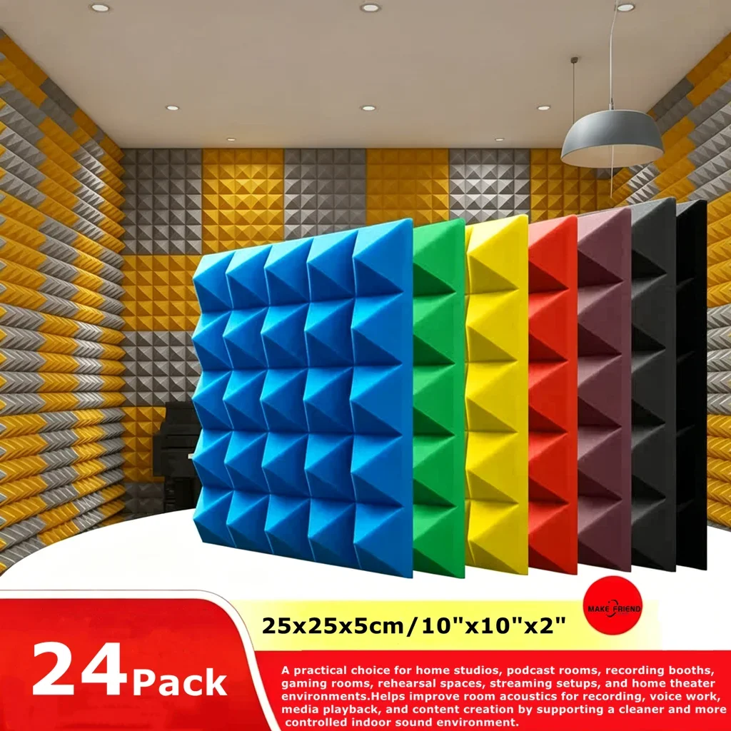 Make Friend 24Pcs Soundproof Foam Studio Acoustic Panels Pyramid 2 X 10 X 10 Inch Polyurethane Sound Absorption Treatment Panels