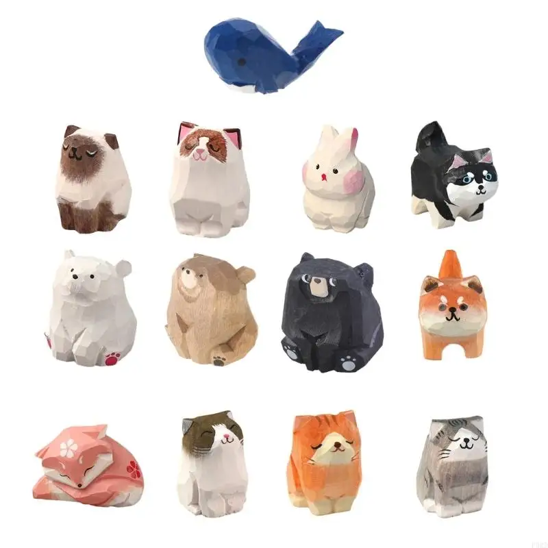 رسم كاريكاتوري لطيف حيوان صغير للحيوانات الحزينة الخشبية المصنوعة يدويًا قطة/كلب/دب/ثعالب/ديكور أرنب/حوت