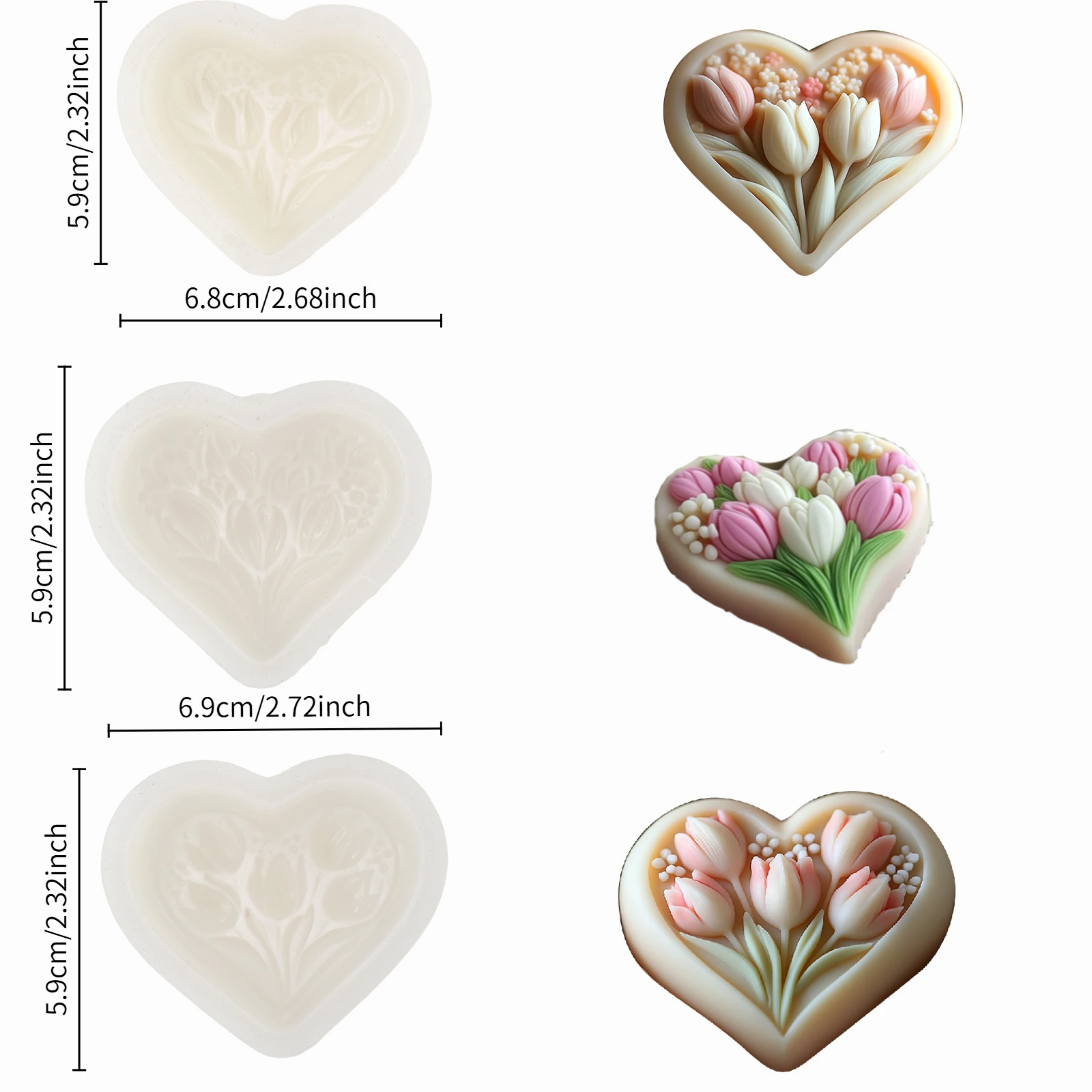 3D heart-shaped tulip silicone mold with clear texture, easy to clean and demould, for handmade DIY soap decoration ornaments Va