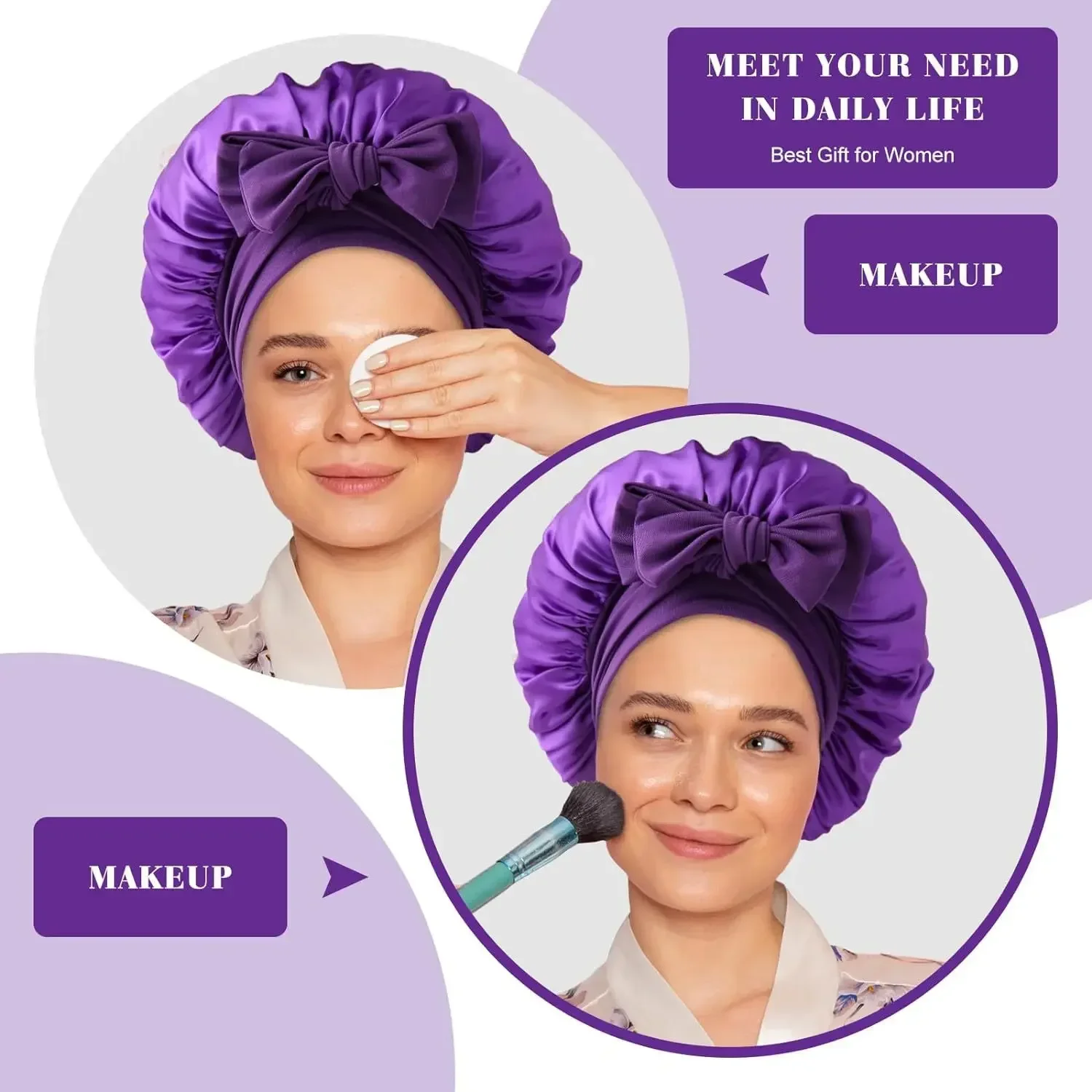 Women Bow Satin Sleeping Hat with Stretchy Tie Band Elastic Night Shower Cap Adjustable Solid Hair Head Cover Bonnet Turban