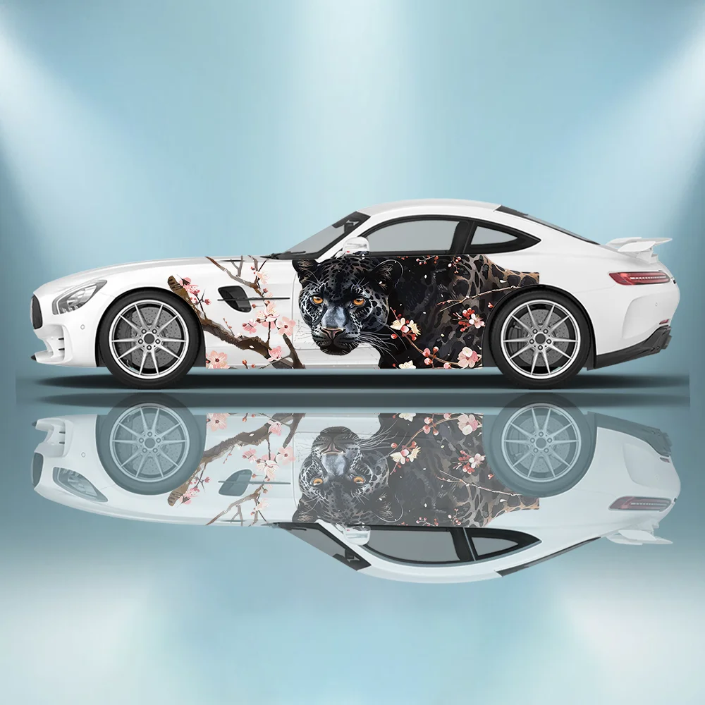 

Fierce Black Panther Flower Print Car Side Sticker Decoration Protect,Waterproof Self-adhesive Decal Auto Accessories Wrap Cover