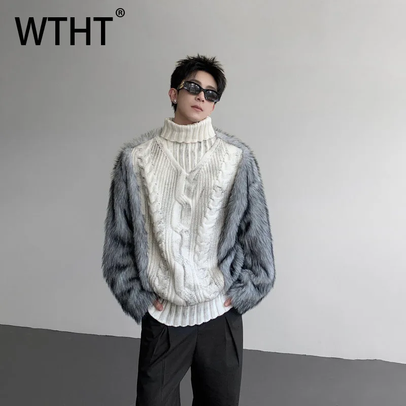 

WTHT Trendy Men's Spliced Contrast Color Burr Edge Sweater Fashion 2025 Autumn Turtleneck Loose Casual Pullover Male 2A2056
