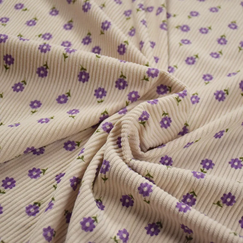 Corduroy Fabric for Girl\'s Garment Material, Beige Bottom with Purple Flower Print, Soft Thick Stripe, Autumn and Winter, T1941