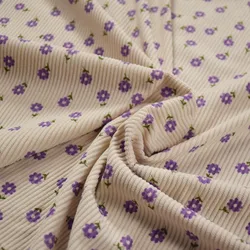 Corduroy Fabric for Girl's Garment Material, Beige Bottom with Purple Flower Print, Soft Thick Stripe, Autumn and Winter, T1941