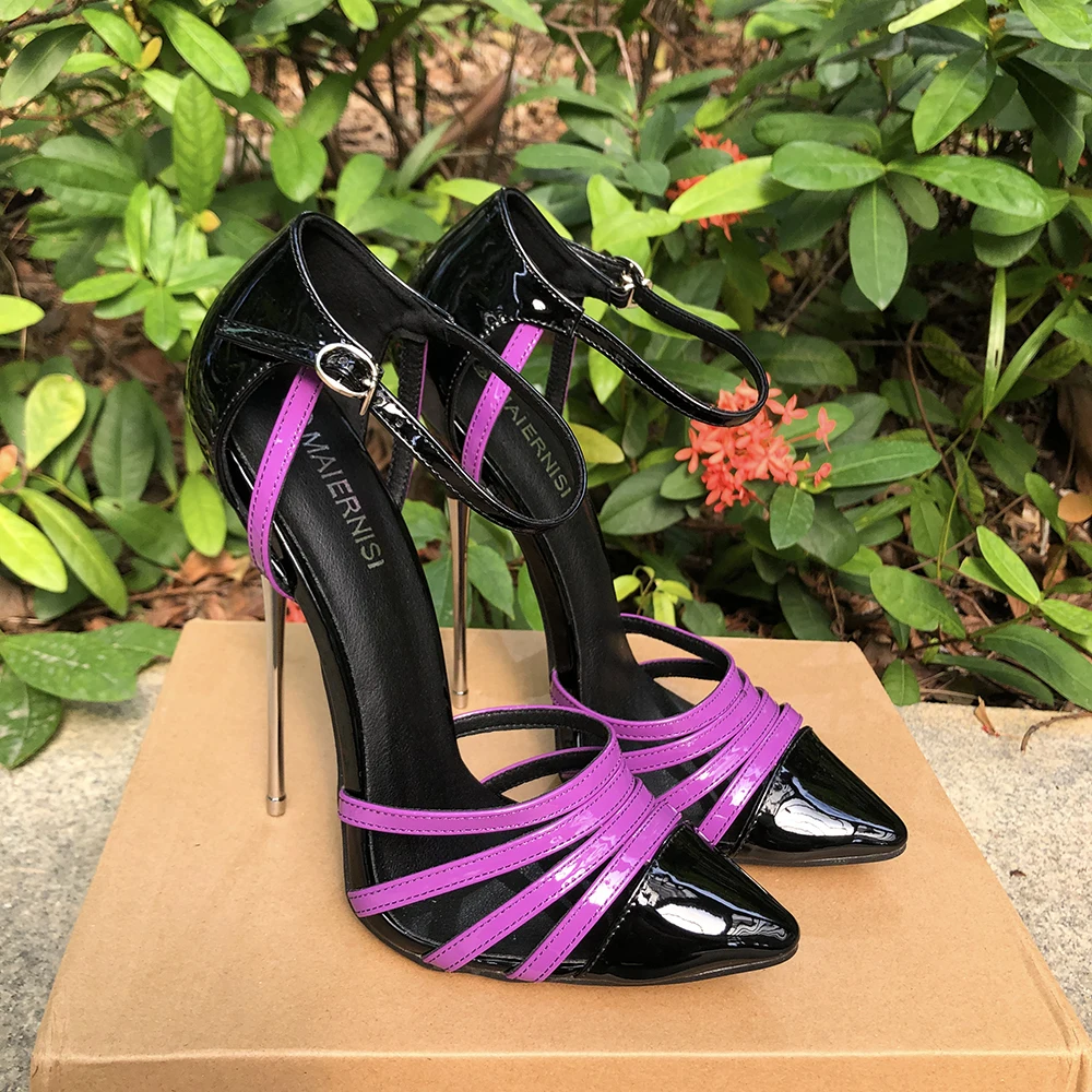 16cm Extreme Thin High Heels Women Purple Ankle Strap Stilettos Pumps Sexy Fetish Model SM Man Party Unisex Shoes Crossdresser