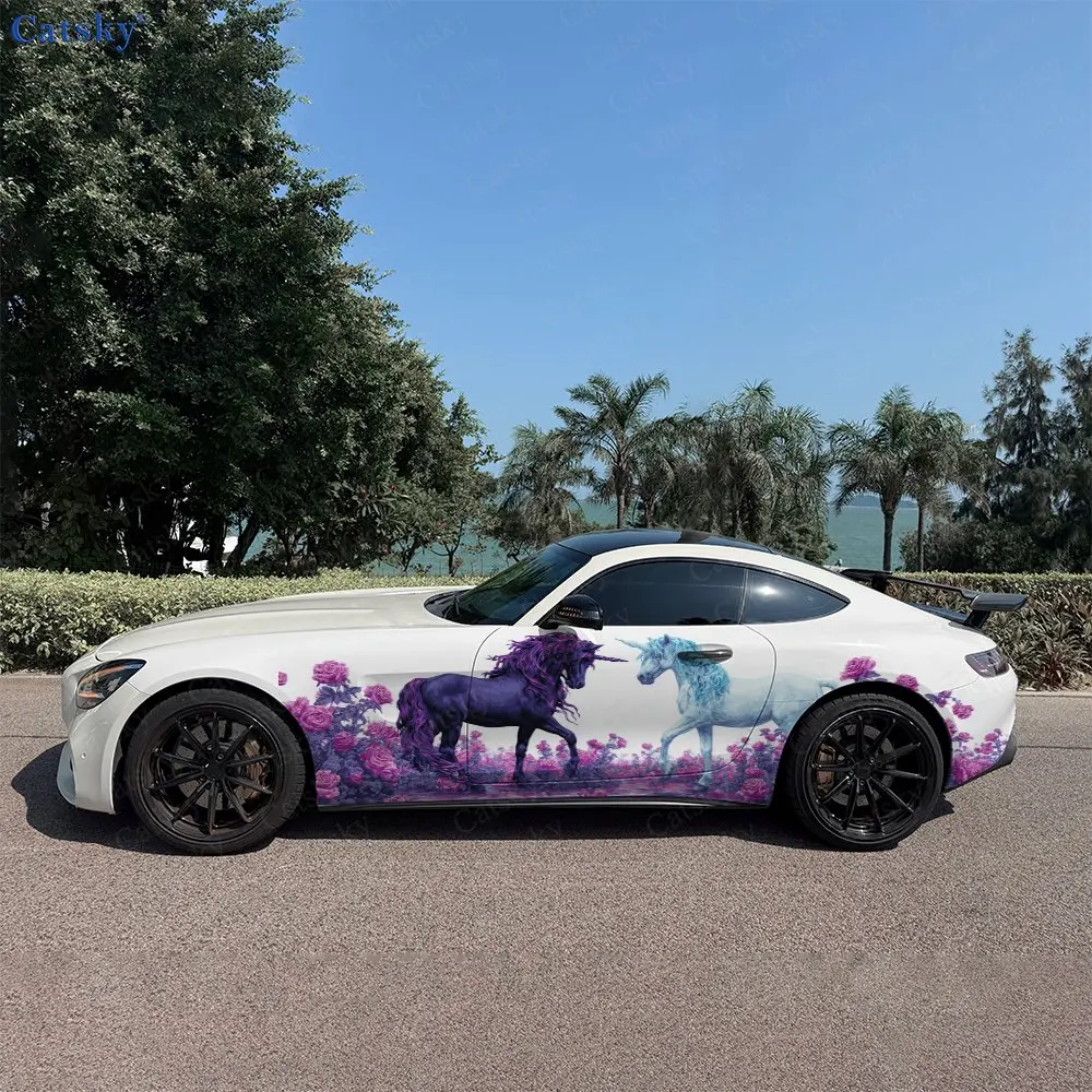 2pcs Romantic Couple Beasts Floral Car Side Wraps, Self-Adhesive PVC Waterproof & Scratch-Resistant Stickers, Car Accessory Gift