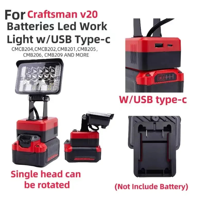 

12W LED Working Light Spotlight Portable Lamp Lantern w/USB C-Type for Craftsman v20v Lithium Battery （Not Including Battery）