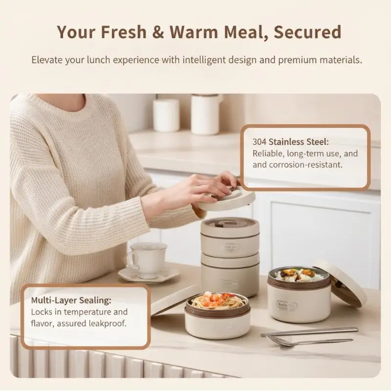@*Portable Insulated Food Lunch Container Set 4 Divided Compartments Keep Warm Cold for Work School Outdoor Picnic Travel