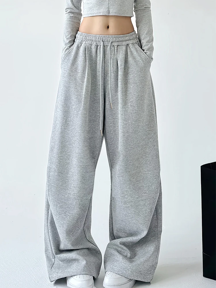 Korean Oversized Slouchy Sweatpants for Women Heathered Fabric Gathered Elastic Waist Drawstring Pleated Relaxed Fit Wide Pants