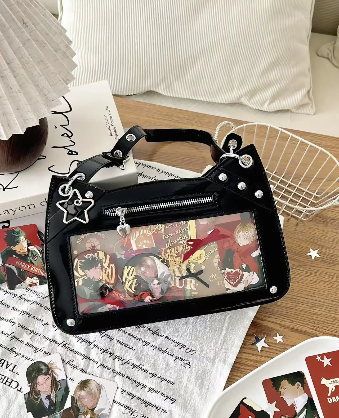 Jirai Kei Ita Bag Star Rivet Transparent Display Shoulder Bag Y2K Harajuku Punk Anime Crossbody Purse Lolita Ita Handbag Women