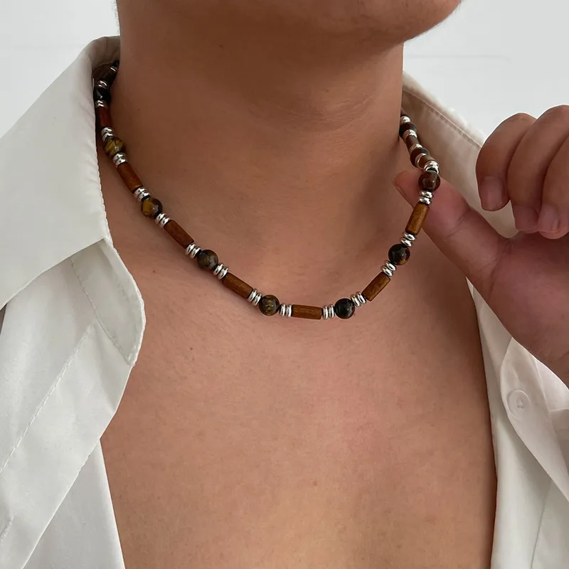 Fashion Men Summer Beach Wooden Bead Surfer Necklace Simple Geometric Tribal Ethnic Handmade Chain Steampunk Male Jewelry Gift