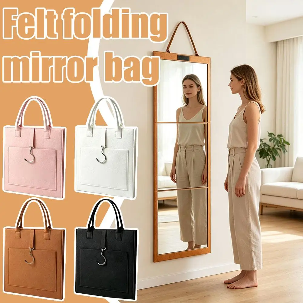 Full Length Folding Mirror 3-Panel Hanging Door Mirror with Felt Storage Bag Hook Portable Travel Dressing Mirror