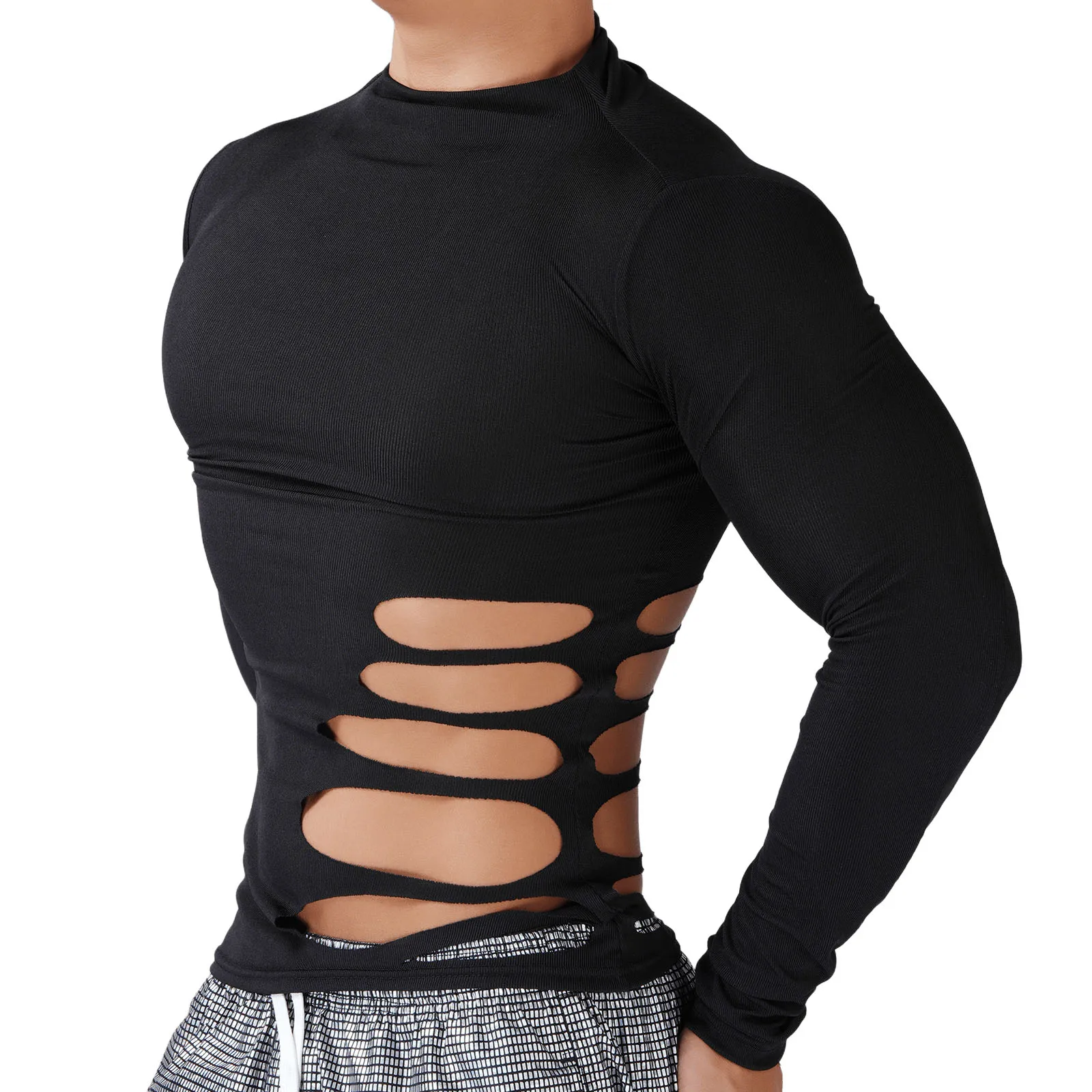 Sexy Side Hollow Out T Shirt Men Y2k High Neck Long Sleeve Slim Clothes Tops Black Tees Men Muscle Clothing Sexy Skinny T-shirt