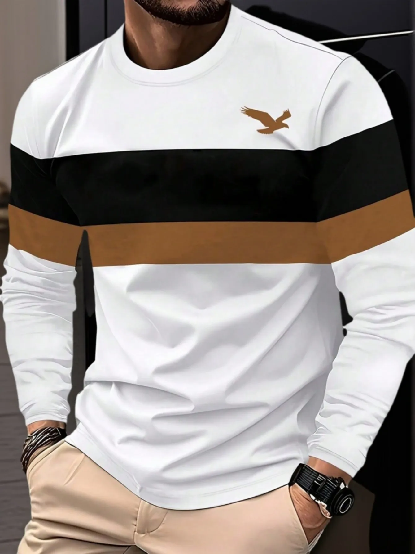 

Мужская футболка с длинным рукавом, контрастными полосками и рисунком орла, повседневная, с круглым вырезом, для носки весной и осенью