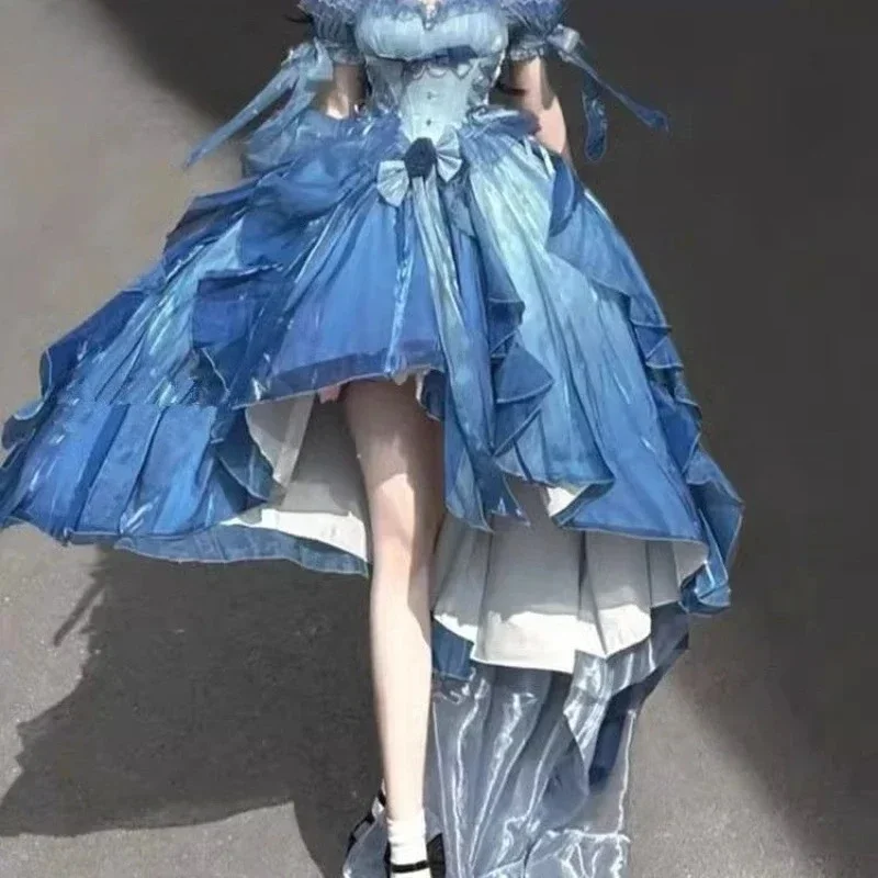 

Элегантное свадебное платье в стиле Лолита с открытыми плечами, пышное, синее, с цветочным узором, короткое спереди, длинное сзади, для женщин, новинка 2026 года, оригинальное