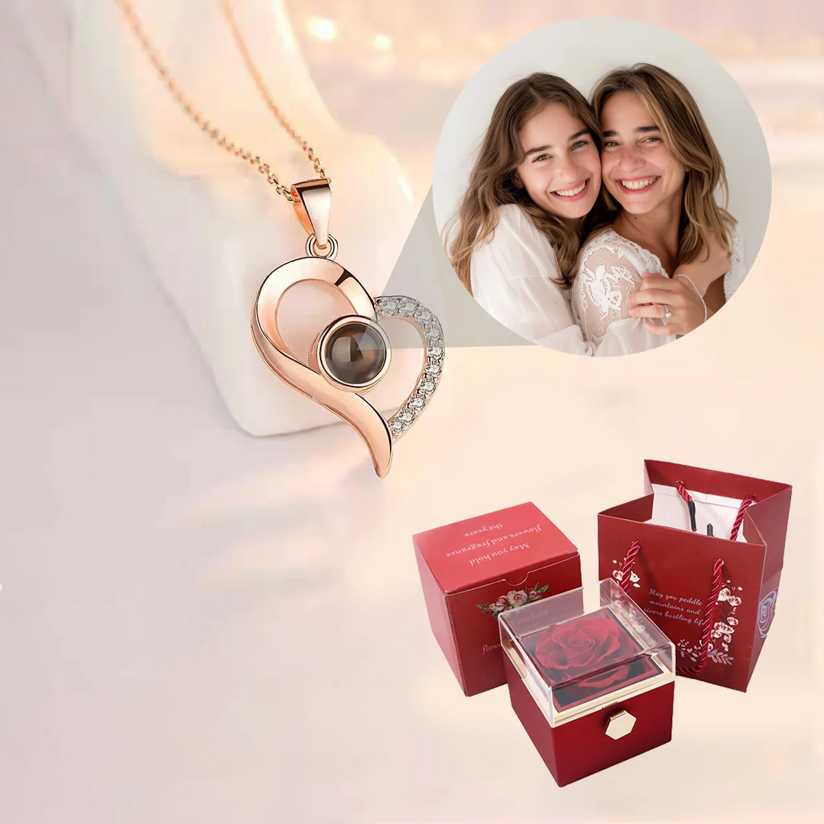 

Custom Photo Projection Necklace With Rose Gift Box Heart Pendant Stainless Steel Chain For Women Mother's Valentine's Day Gift