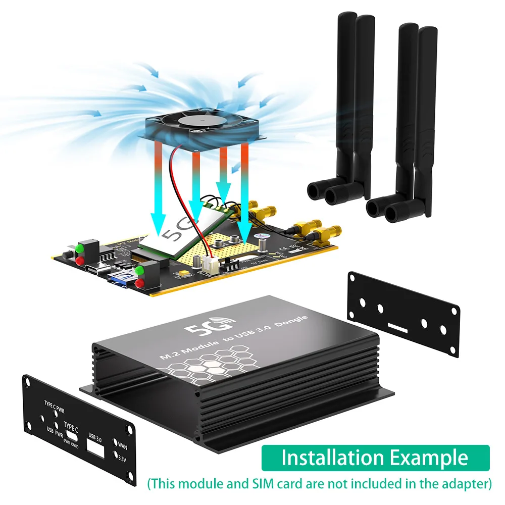 وحدة NGFF(M.2) 4/5G إلى محول دونجل USB 3.0 مع طاقة مساعدة ومروحة تبريد تدعم وحدات M.2 5G ذات العلامة التجارية التالية