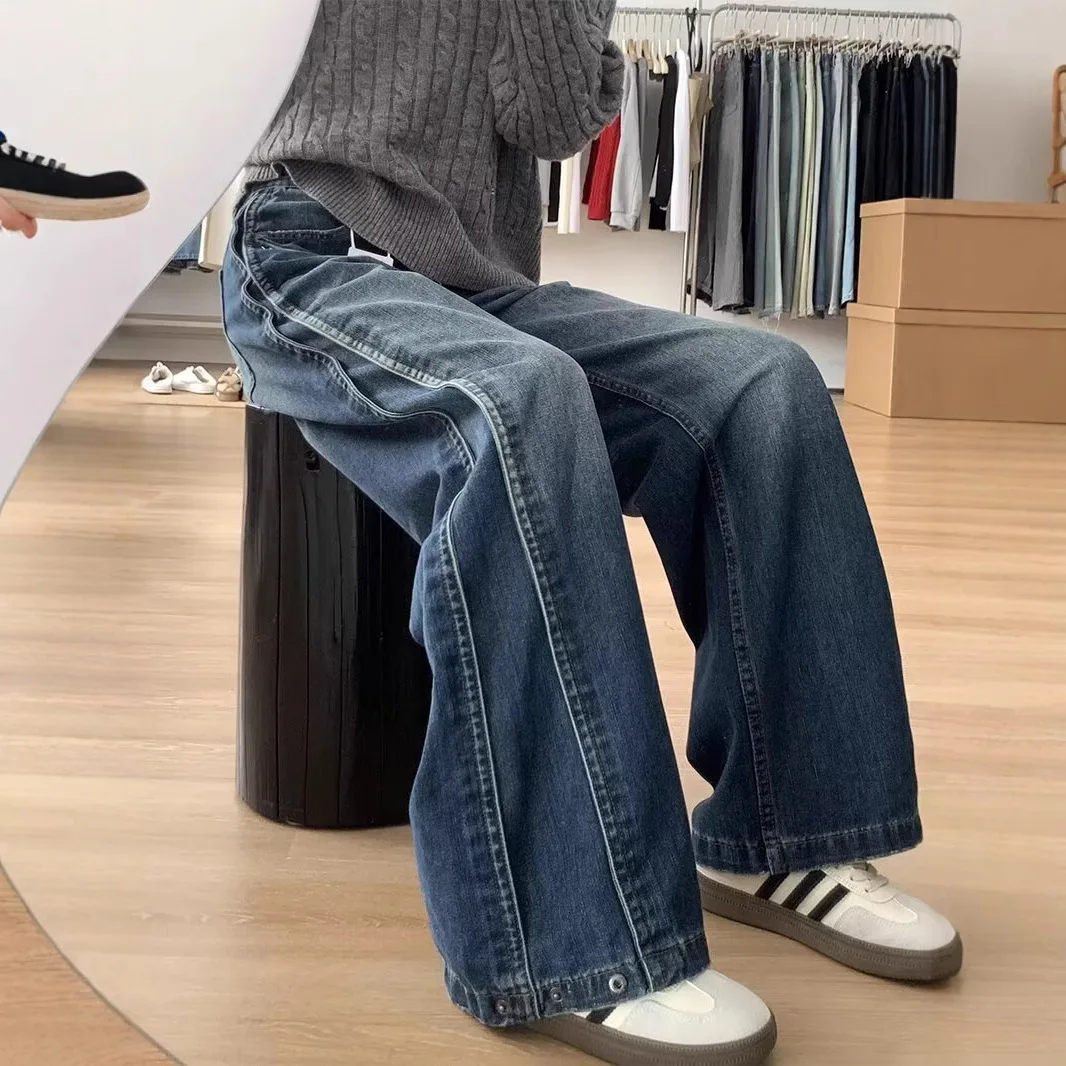 

Женские прямые джинсы с широкими штанинами больших размеров 2026 — винтажные потертые утягивающие брюки в пол, весна-осень